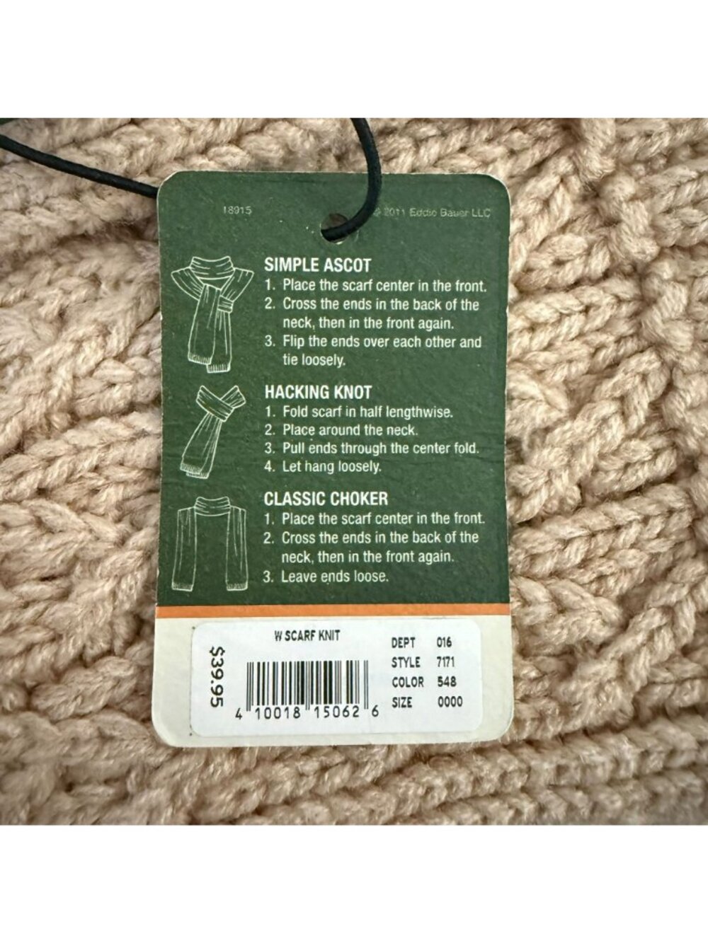Eddie Bauer Cable Knit Scarf Khaki/Tan Women's O/S Chunky Soft Warm Winter NEW - Picture 6 of 8